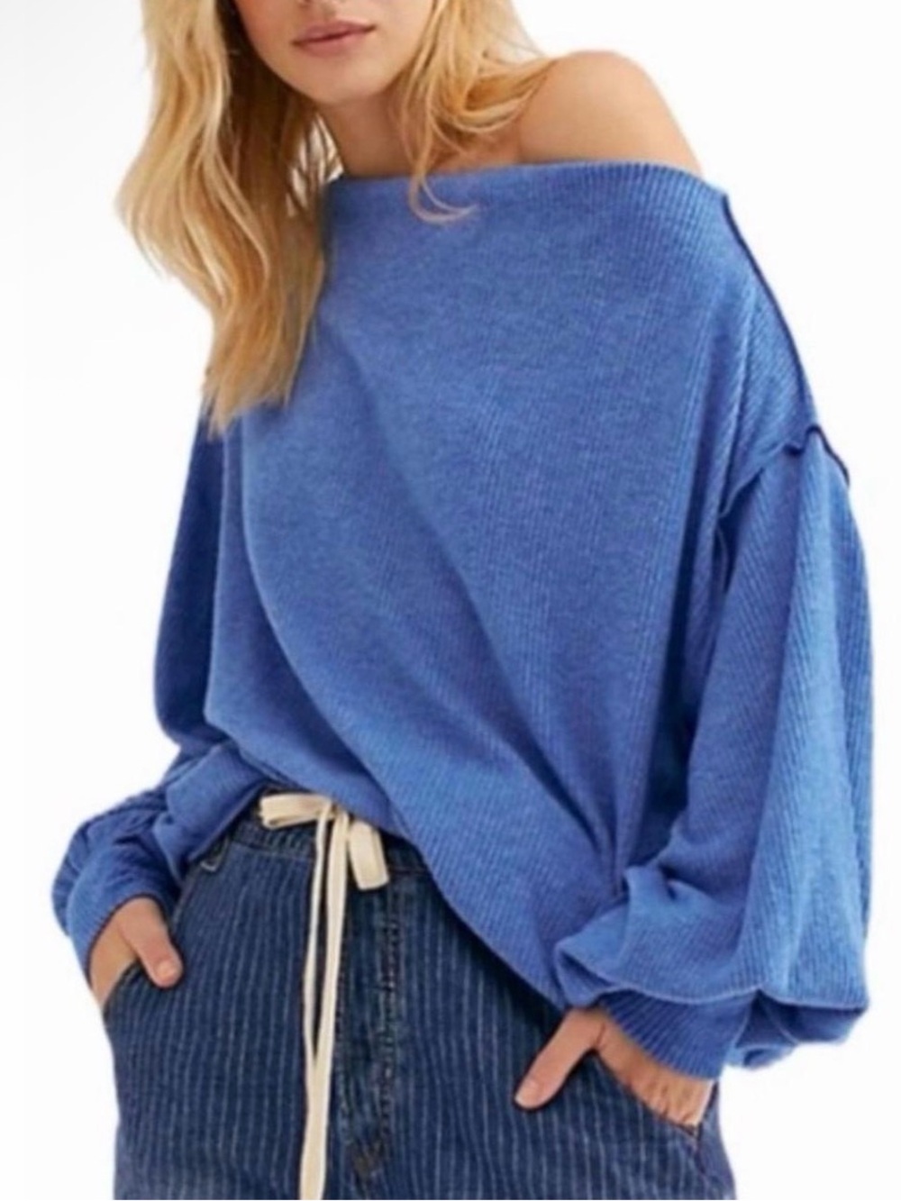 We The Free Blue Off-the-Shoulder Balloon Sleeve Sweater